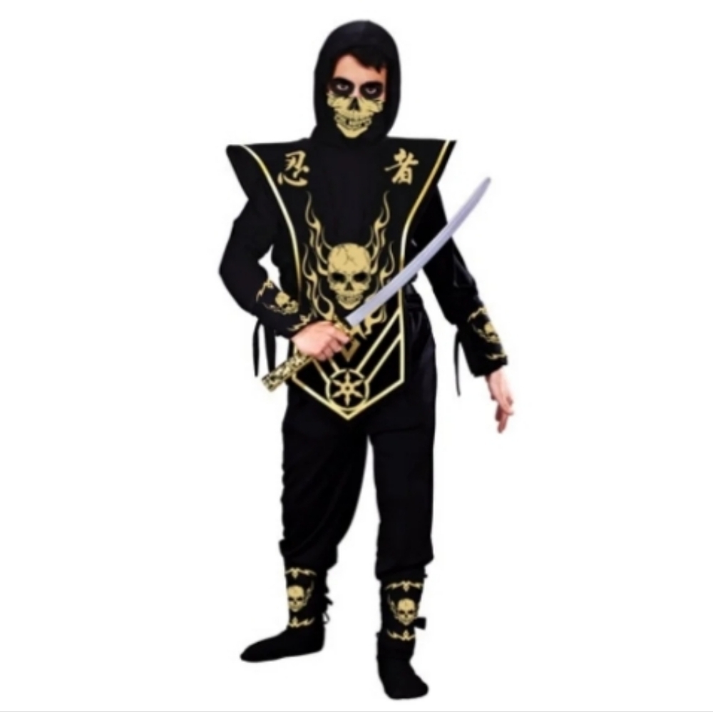 NWT Skull Lord Ninja Halloween Costume w/ Hooded Shirt, Tunic, Pants, Mask Sz: L
